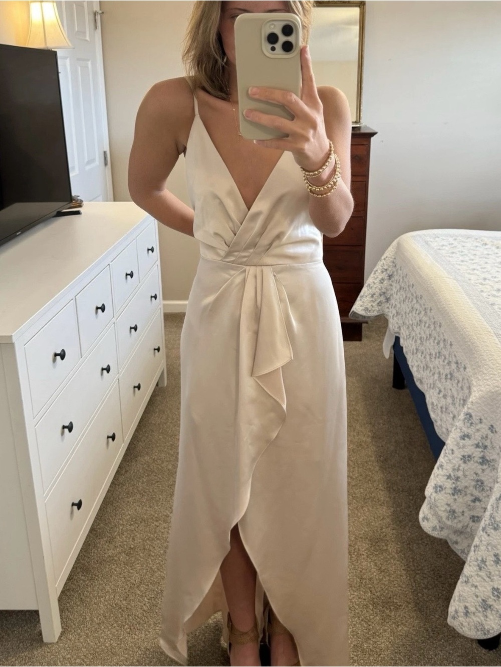 Gianni Bini Cream Satin V-Neck Spaghetti Strap Maxi Dress